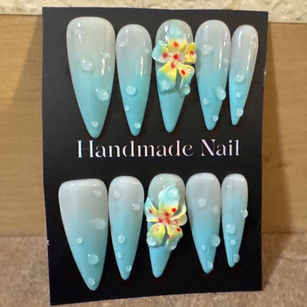 Blue Ombre Stiletto Press On Nails with 3D Water Droplets and Tropical Flowers